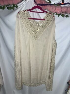 Crochet Trim Boho Tunic Top - Cream